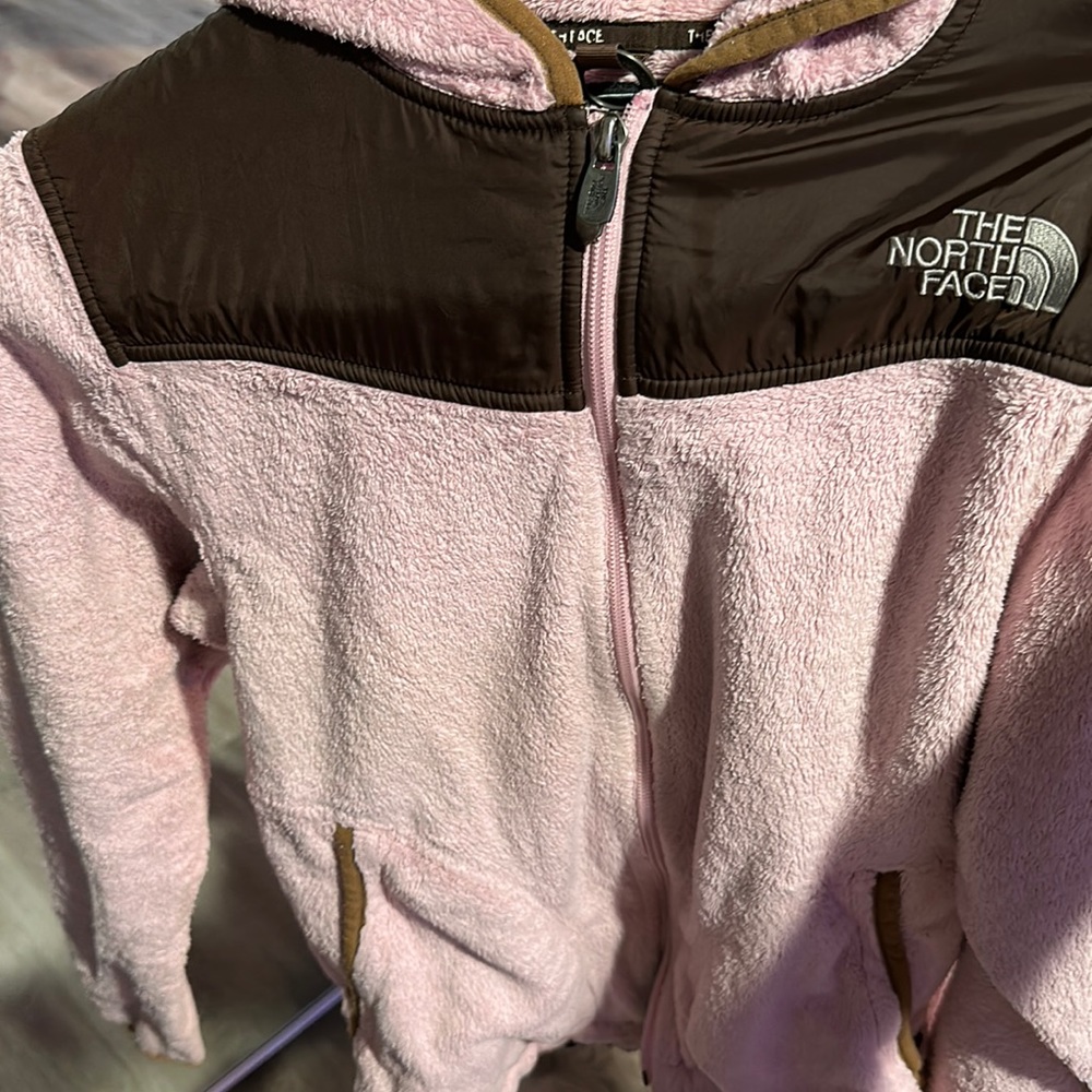 Brown and pink fuzzy north face